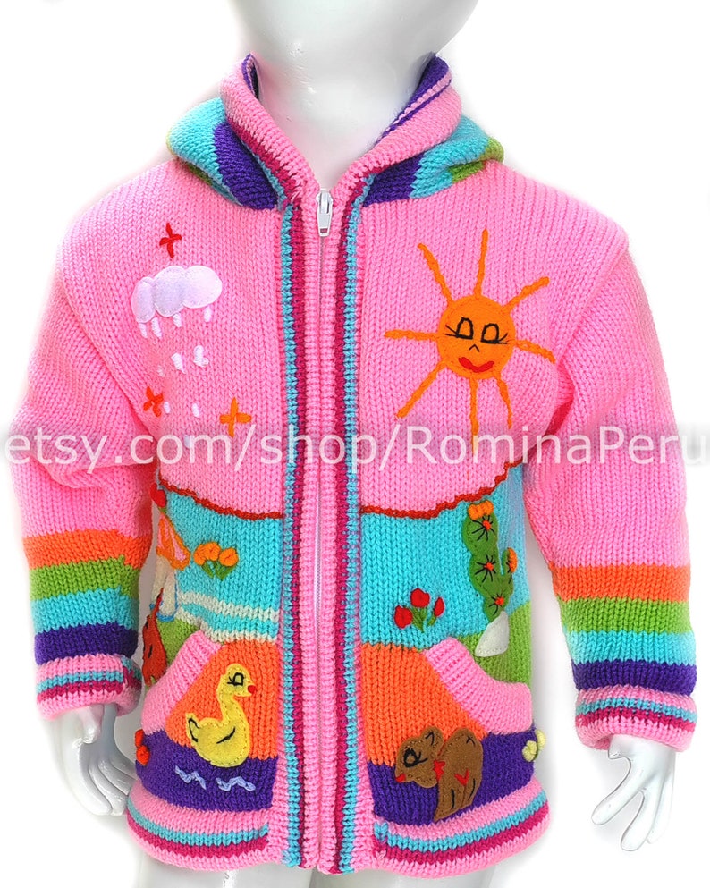 Children's cardigan Kids hooded sweater knitted, jacket toddler hoodies, Peruvian kids wool sweater hand embroidered details, kid jacket Pink