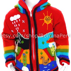 Children's cardigan Kids hooded sweater knitted, jacket toddler hoodies, Peruvian kids wool sweater hand embroidered details, kid jacket Red