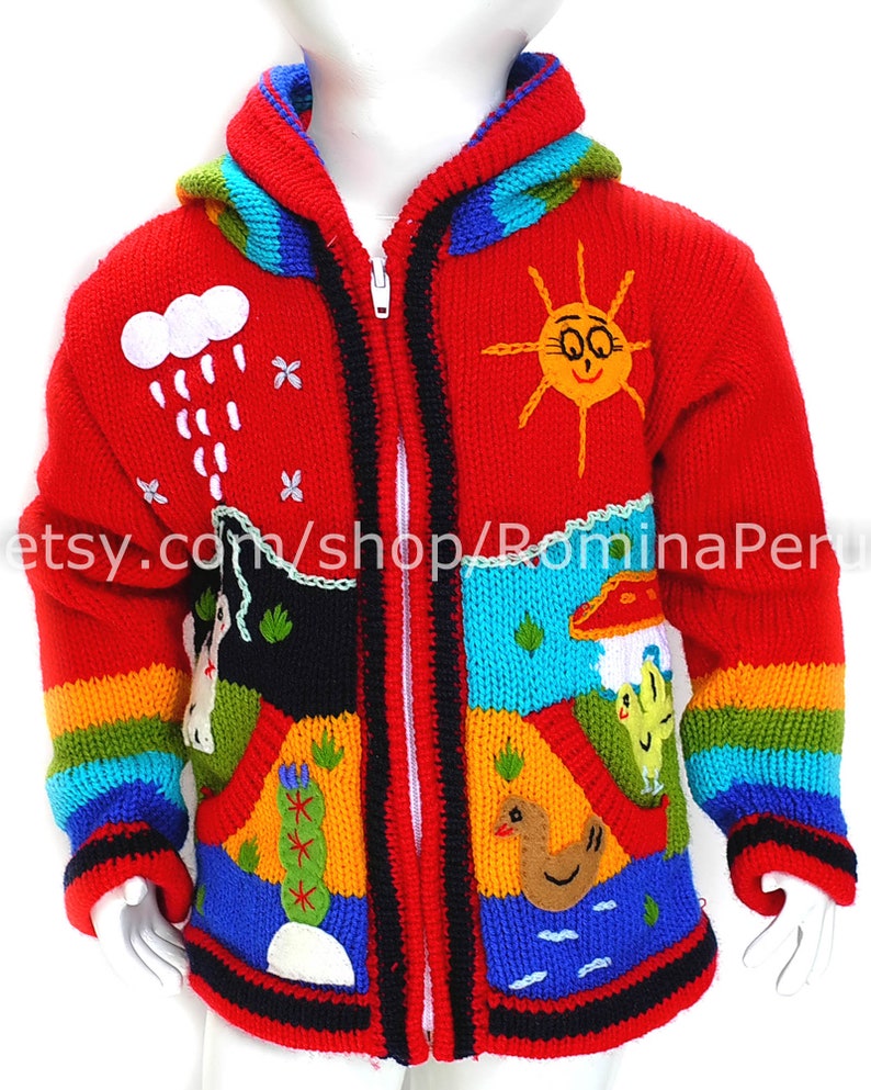 Cardigan pour enfants chandail à capuchon pour enfants tricoté, veste à capuche enfant, veste pour enfant, chandail péruvien enfants brodé Rouge