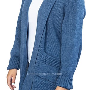 Beige Strickjacke lange Alpaka Frauen Frauen lange Strickjacke, Pullover warmes Woft & dick 100% Alpaka Pullover, MADE IN PERU Steel Blue