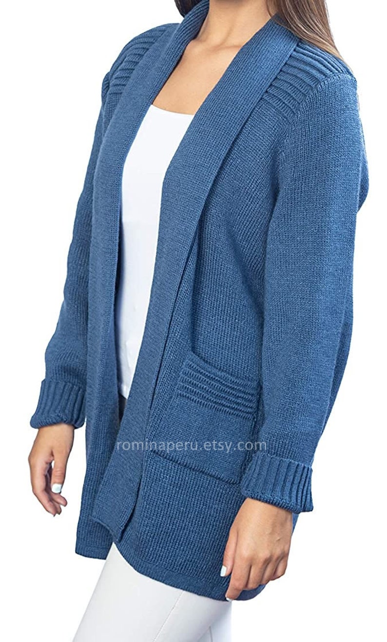 Beige Strickjacke lange Alpaka Frauen Frauen lange Strickjacke, Pullover warmes Woft & dick 100% Alpaka Pullover, MADE IN PERU Steel Blue