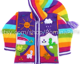 Peruvian kids wool sweater cardigan with embroidered details Purple colorful, kids jacket toddler hoodies, Children's cardigan Kids hooded