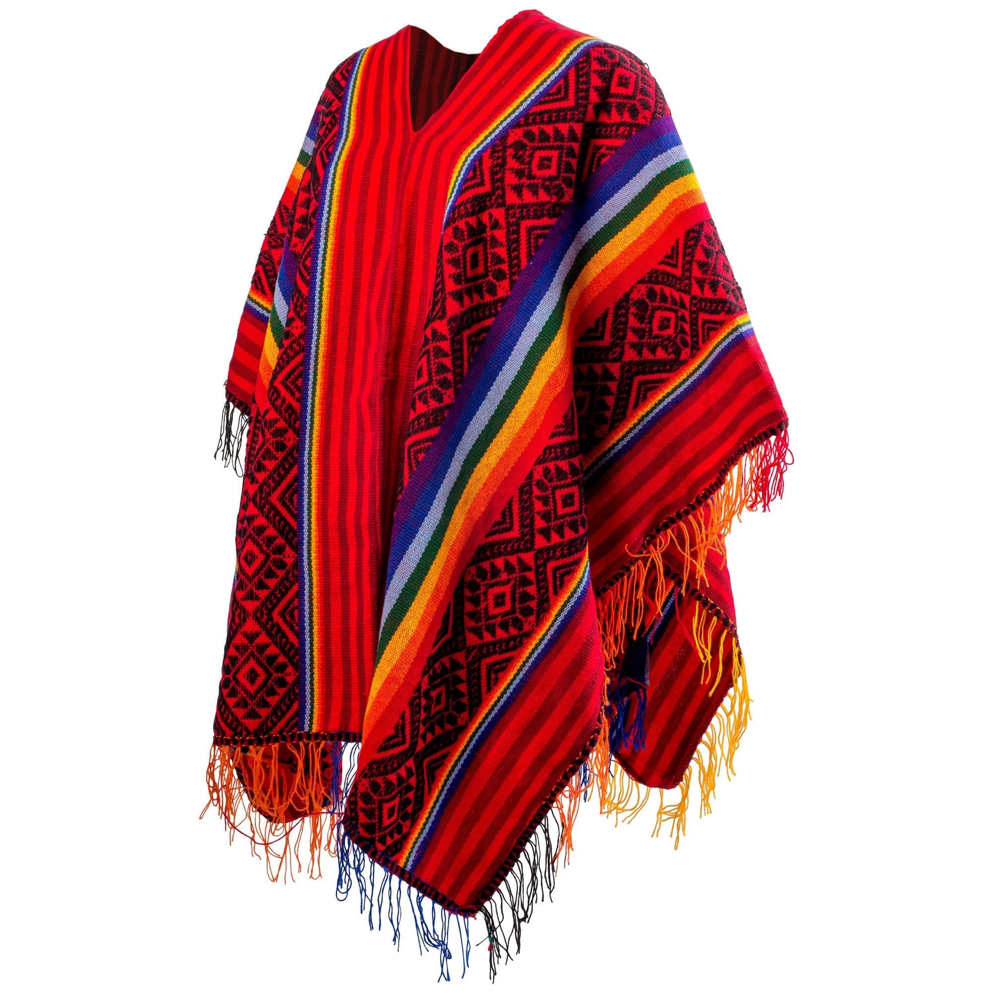 Kleding Gender-neutrale kleding volwassenen Ponchos INKA Q'ERO PONCHO authentieke unisex sjamanistische ceremoniële outfit Andes Cuzco Peruaanse rode kleurrijke cape met franje 