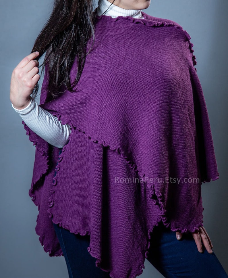 Cape Poncho Alpaga Femme Ruana marron tricoté en laine d'alpaga à volants, châle Cape Wrap alpaga Violet