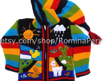 Cardigan en laine pour enfants péruviens avec détails brodés Bleu, vestes pour enfants, veste pour tout-petits, cardigan enfants capuche