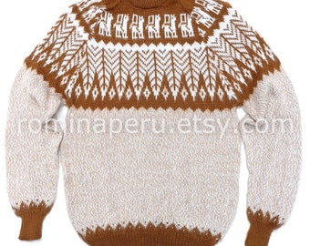 Unisex Camel Alpaka Pullover Crewneck Design verlässt, Fashion Pullover, Ethno-Pullover, Boho-Pullover, Peru-Pullover warm und weich, GIF