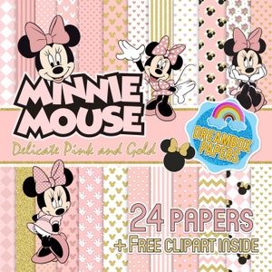 Minnie Mouse Delicate Pink and Gold Inspired Digital Papers Wallpapers, Scrapbooking, Instant Download, High Quality, Dreambox Papers