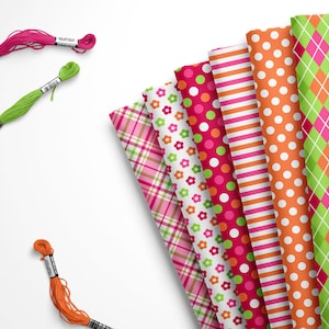 May include: A collection of eight fabric squares with different patterns in pink, green, orange, and white. The fabrics feature plaid, polka dots, stripes, and floral designs. Three spools of embroidery floss in pink, green, and orange are also included.