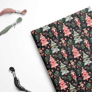 May include: A seamless pattern featuring watercolor illustrations of nutcracker soldiers and Christmas trees on a dark green background. The trees are decorated with red and white ornaments.