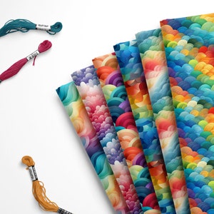 May include: A set of seven colorful fabric swatches with a repeating pattern of overlapping circles. The fabric swatches are arranged in a fan shape and are all different colors, including blue, green, yellow, orange, red, and purple.