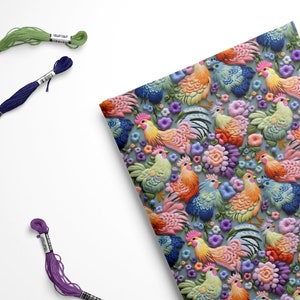 May include: A colorful fabric with a repeating pattern of roosters and flowers. The roosters are in various shades of pink, blue, yellow, and orange. The flowers are in shades of purple, pink, and white.