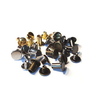 Könnte beinhalten: Eine Ansammlung verschiedener Metallnieten und Schrauben in Gold-, Silber- und Bronzetönen. Die Befestigungselemente haben unterschiedliche Kopfstile, darunter flach, rund und geschlitzt, geeignet für Lederarbeiten oder andere DIY-Projekte.