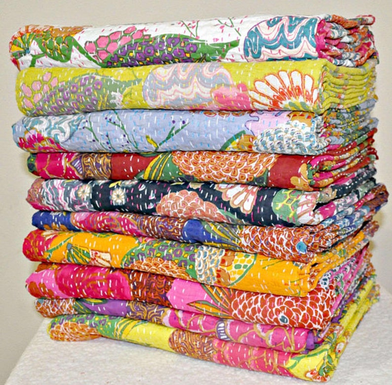 Kantha Quilt Indian Block Print Kantha Throw Handmade Blanket Wholesale Lot 5 pc