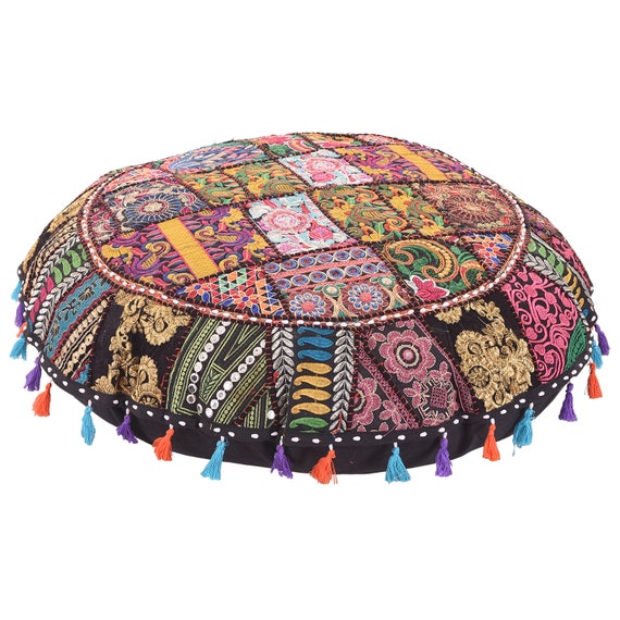 Vintage Handmade Floor Cushion Cover Seat Round Floor Gaddi Boho Style Banjara Home decorative Patchwork Gypsy Round Cushion Cover