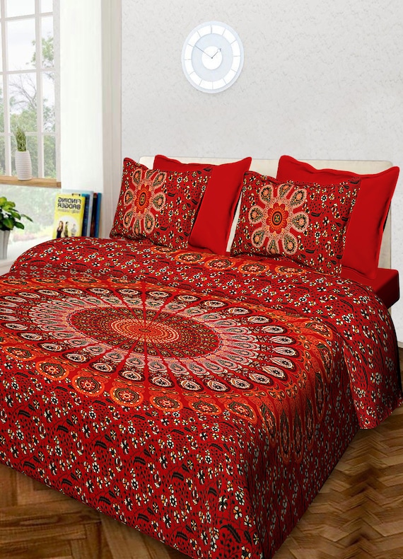 Cotton Double Bedsheet with 2 Pillow Covers Indian Mandala Ethnic Hippie retro