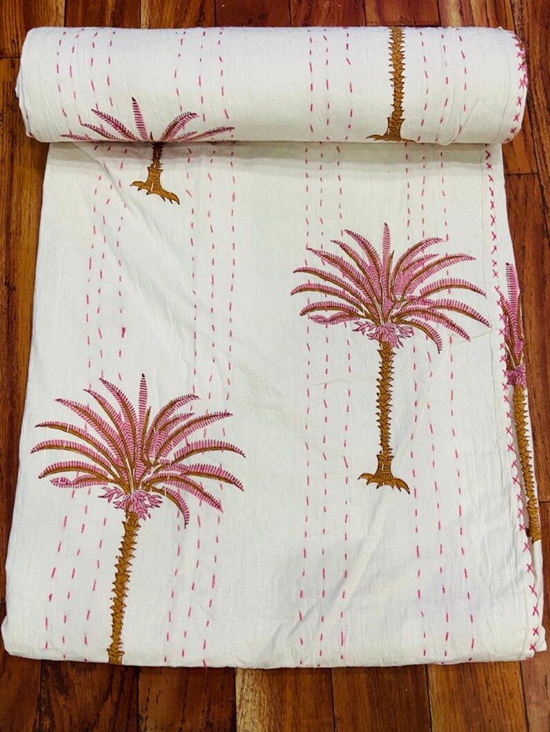 Palm Tree Handblock Kantha Bedspread Handmade Quilt Kantha Etsy