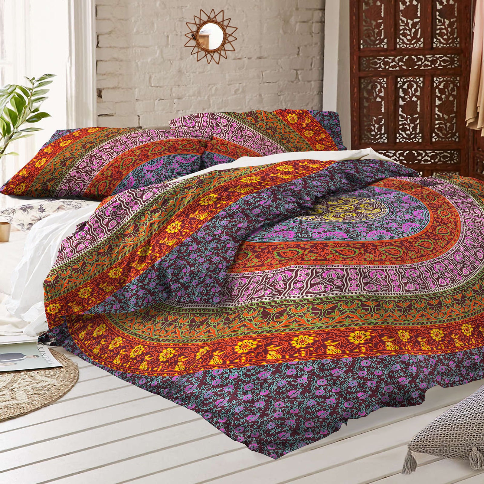Hippie Duvet Cover Set Bedding Set With Pillow Covers 100% Natural Cotton Duvet Cover Indian Handmade Mandala Blanket Boho Style Duvet Cover