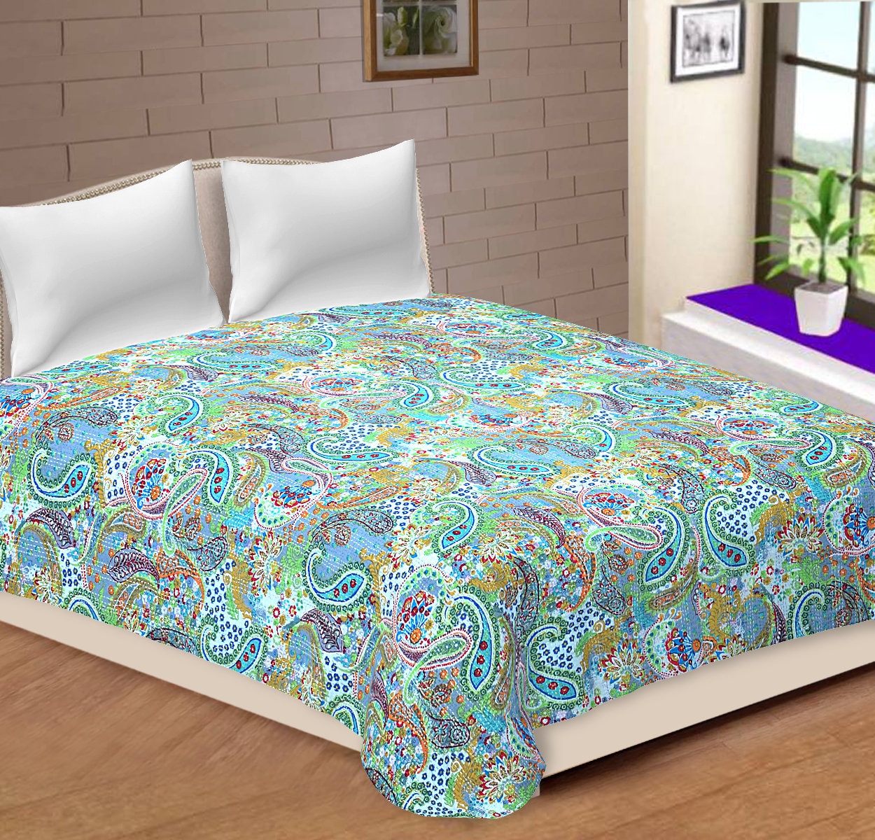 Indian Paisley Print Bedspread Quilts Blanket Throw Bedding Kantha Beige Colour 
