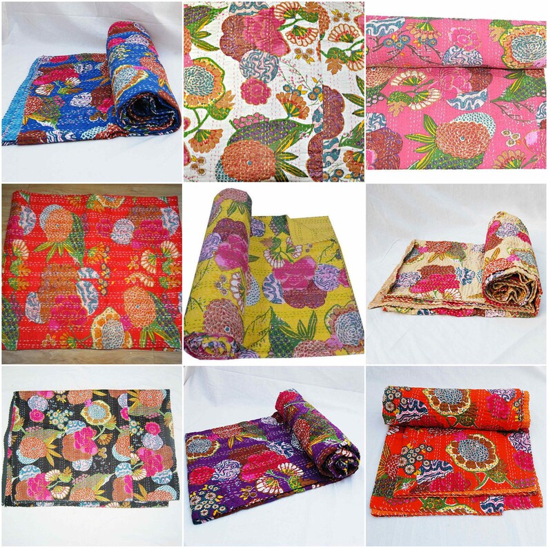 KING Vintage Indian Yellow Dot Handmade Kantha Quilt Bedspread Boho Throw Quilt