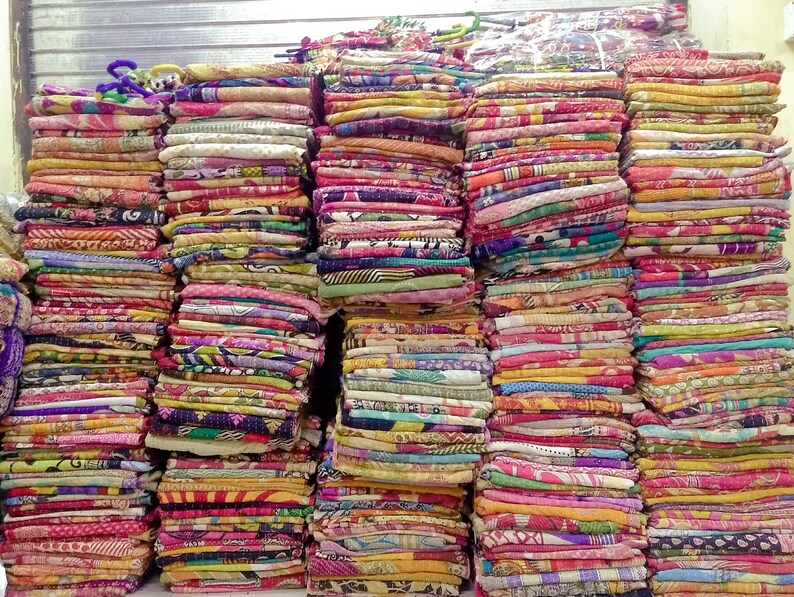 Indian Handmade Kantha Quilt Gudri Reversible Vintage Saree Made Wholesale Lot