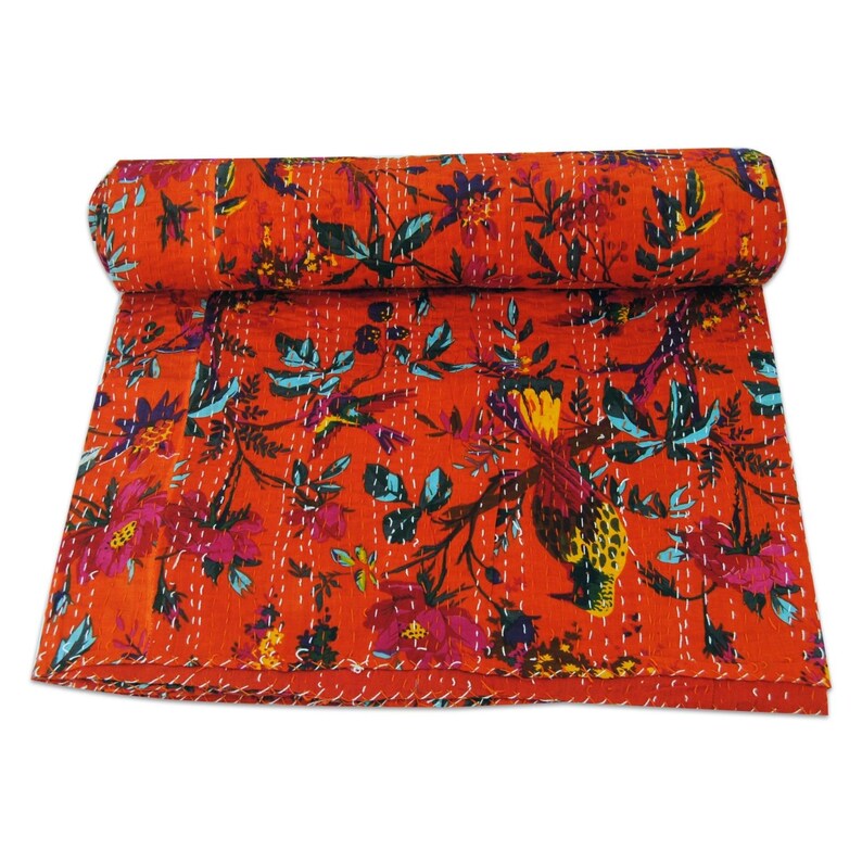 Cotton bird kantha quilt handmade Indian boho bohemian bedding bedspread blanket