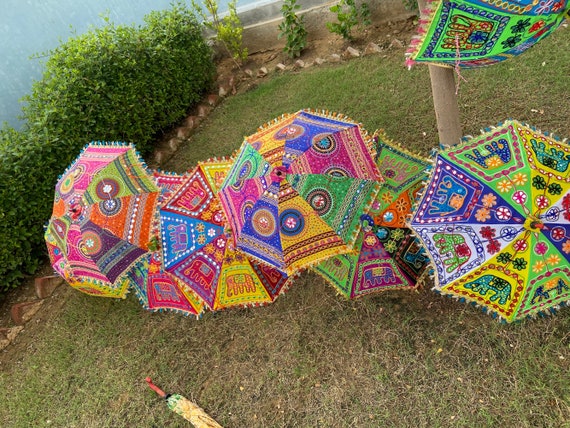 5 Piezas Lote Decorativo Indio Bordado a Mano Paraguas de Algodón Étnico Vintage Protector solar Paraguas boda Bodas Accesorios Paraguas y sombrillas 