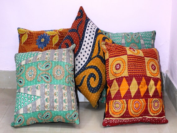 SALE Kantha Large Cushion Cover Multi Colour Indian Cotton Patchwork 50 x 50 cm