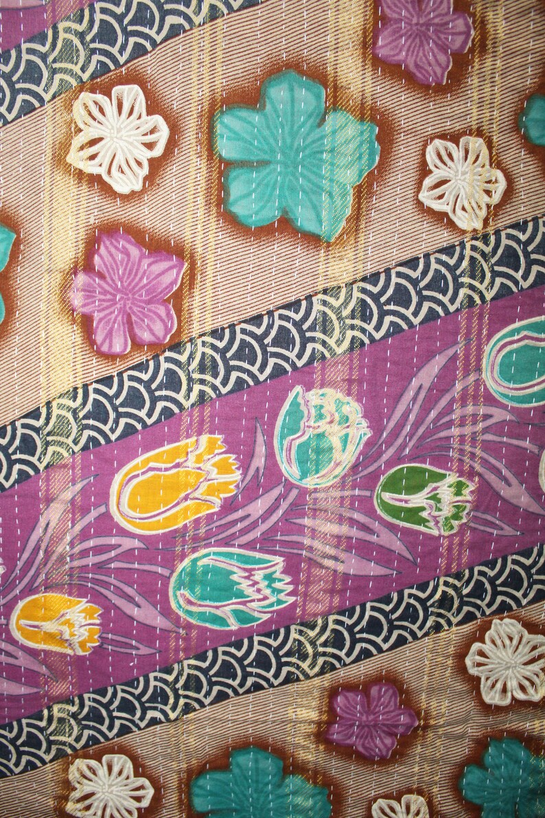 Indian Flower Printed Vintage Twin Kantha Quilts Hippie Home Decorative Bedding Quilts Patchwork Revresible Handmade Gudri