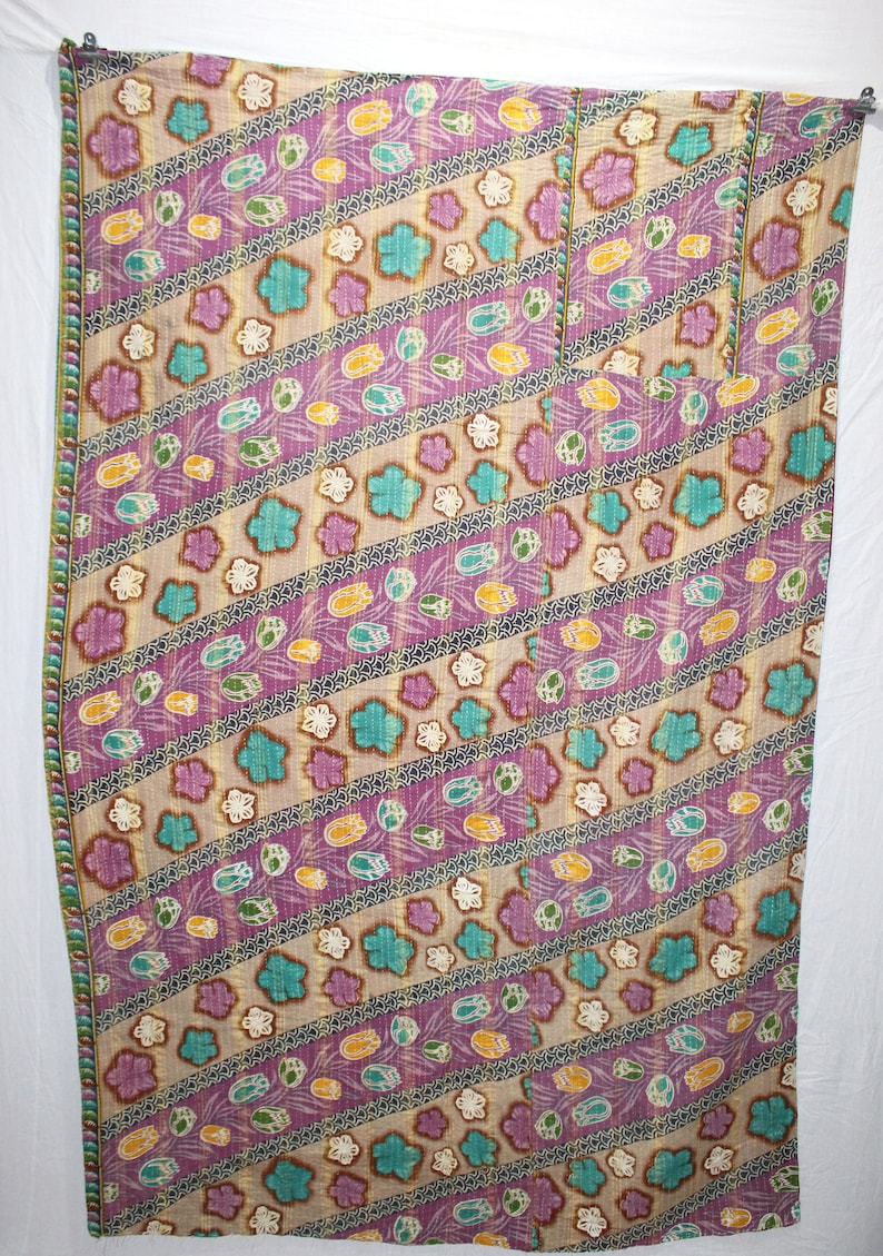 Indian Flower Printed Vintage Twin Kantha Quilts Hippie Home Decorative Bedding Quilts Patchwork Revresible Handmade Gudri