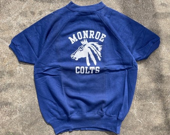 NOS Unworn 1960s 70s Flock Print Short Sleeve Sweatshirt // Large // Monroe Colts Oklahoma Sportswear