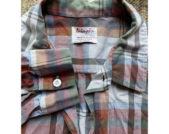 Chemise de travail vintage des années 1950/60 Wings Wash N Wear en coton à carreaux, boutonnée sur le devant, 16 grandes tenues de travail LIRE
