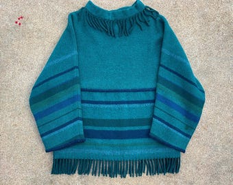1960s Vintage LappLander Norwegian Wool Fringe Poncho Sweater // 42 Large // Ski Blanket Pullover Layer