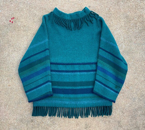 1960s Vintage Lapplander Norwegian Wool Fringe Poncho Sweater 