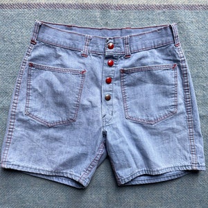Vintage 1960s Unbranded High Waisted Snap Front Pocket Chambray Shorts 27 28 6 S/M Denim