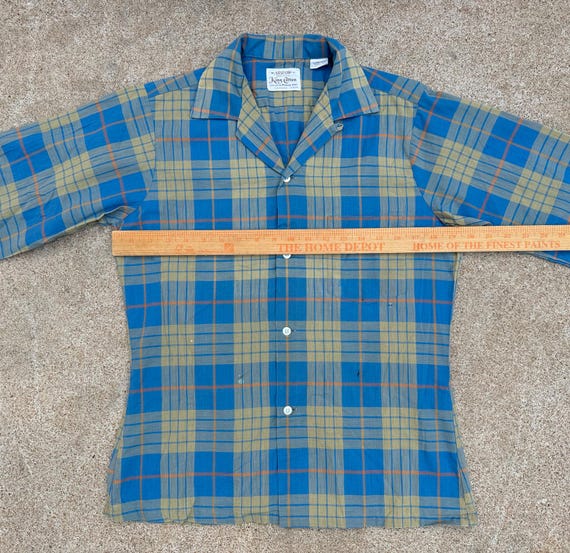 ARROW 50s 60s vintage cotton shirt シャツ Ｌ Vintage 50s 60s Arrow King Cotton Green/blue Plaid Loop Collar