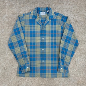 Vintage 50s 60s Arrow King Cotton Green/Blue Plaid Loop Collar Shirt // Small // Sanforized Worn