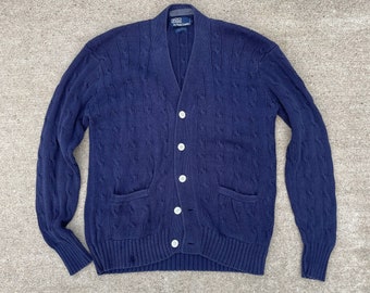 1990s Well-Worn Polo Ralph Lauren Cableknit Cardigan Sweater / Medium Large / Preppy Grunge