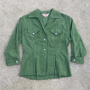 1960s Vintage H Bar C Green Fleck Curved Collar 3/4 Sleeve Western Shirt // 32 Small // Pearlsnap Atomic Cowgirl Blouse 50s