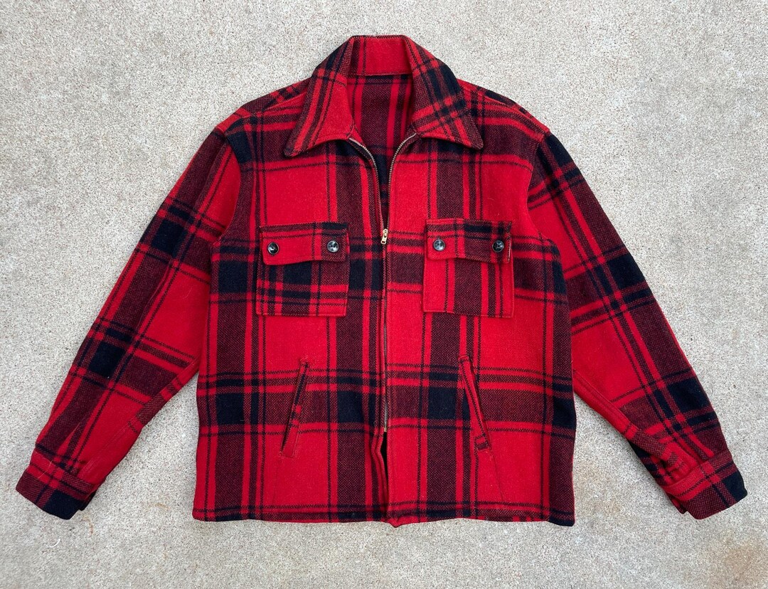 1940s 50s Vintage Red Plaid Wool Zip Front Hunting Jacket // 42