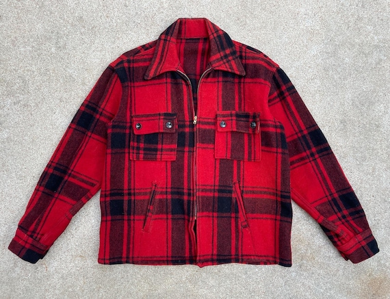 1940s 50s Vintage Red Plaid Wool Zip Front Hunting Jacket // 42