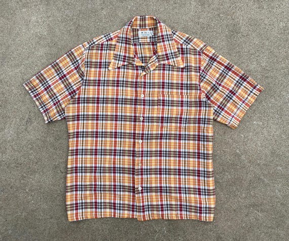 1960s 70s Vintage Nofade Autumn Colors Plaid Shirt // Large // Short Sleeve Disco Rockabilly Top 1960s 70s Vintage Nofade Autumn Colors Plaid Shirt // Large // Short Sleeve Disco Rockabilly Top
