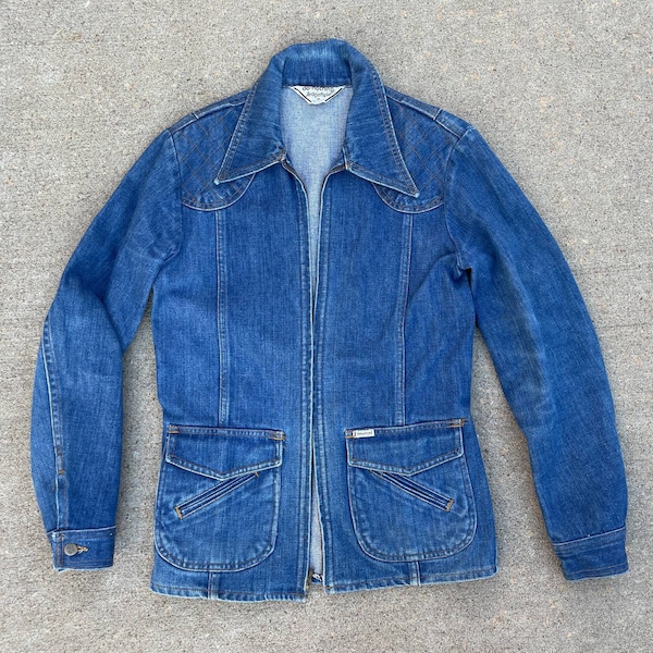 Veste en jean longue zippée « Do-nothing » vintage des années 60 et 70 par Sedgefield Talon // Petite/M // Slim