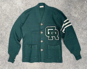 Vintage 1950s Green 'GR' Striped Letterman Varsity Sweater // XS Small // 1940s Collegiate Chenille Wool
