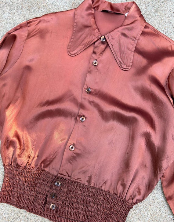 Rare 1960s Campus Ruched Satin Gaucho Disco Shirt… - image 3
