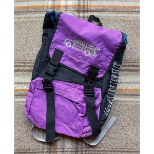 RARE 1984 Jimmy&#39;z Purple Backpack Drawstring Rucksack Worn Thrashed Skate Surf OOAK 1980s Skateboarding