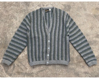 1950s Vintage Truval Sportswear 100% Wool Striped Sweater // Medium // 60s Cobain Cardigan Shetland