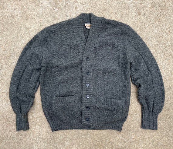 Vintage 1950s Campus Luxury Line Gray Pure Wool Textured Cardigan 