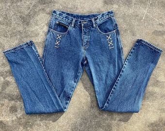 Vintage Y2k Western Ethics Bareback Couro Lace Up Slim Straight Jeans // 8 M 30" // 90s Mom Studded Denim