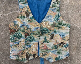Rare 1990s Guess by Georges Marciano Western Tapestry Vest // Large Women // Made in USA Horse Desert Print