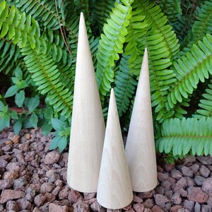 May include: Three wooden cone-shaped decorative objects of varying heights. The cones are light-colored and stand on a bed of small, dark rocks, with green foliage in the background. The cones have a smooth, polished appearance.